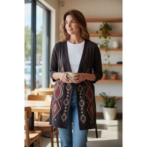 Urban Mangoz Aztec Embroidered Open Front Cardigan Southwestern Duster Small‎